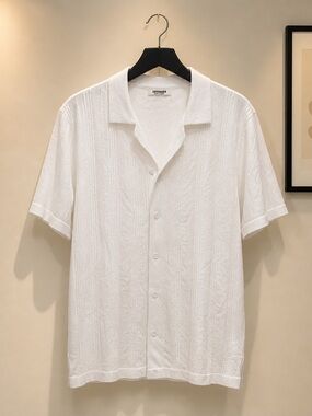 Cotton Knit Short-Sleeve Button-Down Shirt — White